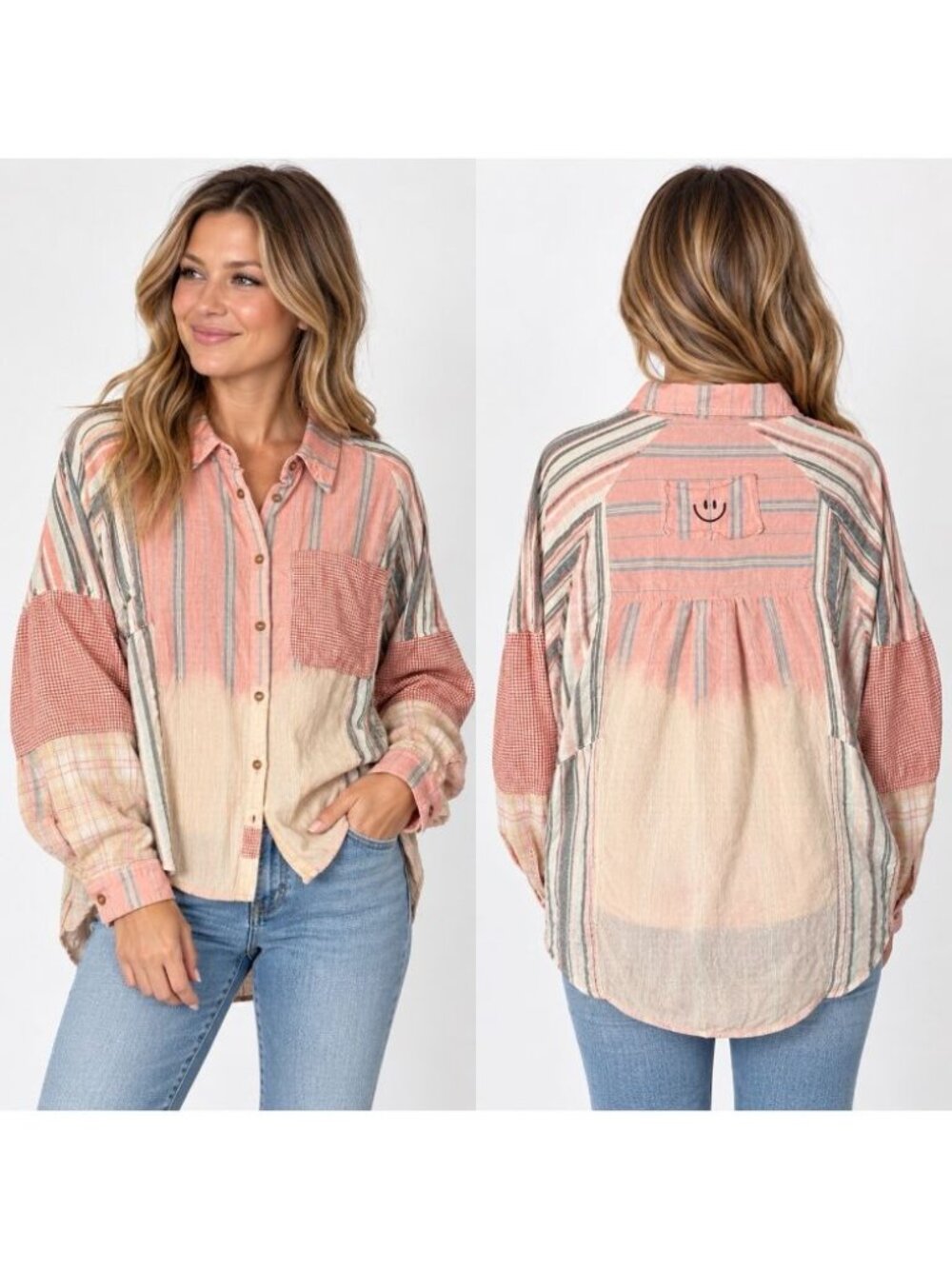 Oli & Hali Women’s Medium Patchwork Button Down Shirt Pink Striped Oversized